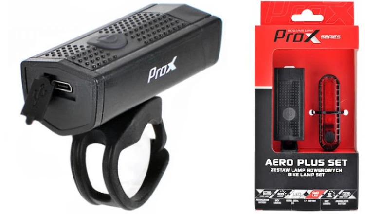 Zestaw rowerowych lampek ładowanych USB Prox Aero plus set 400 lm, 1000 mAh