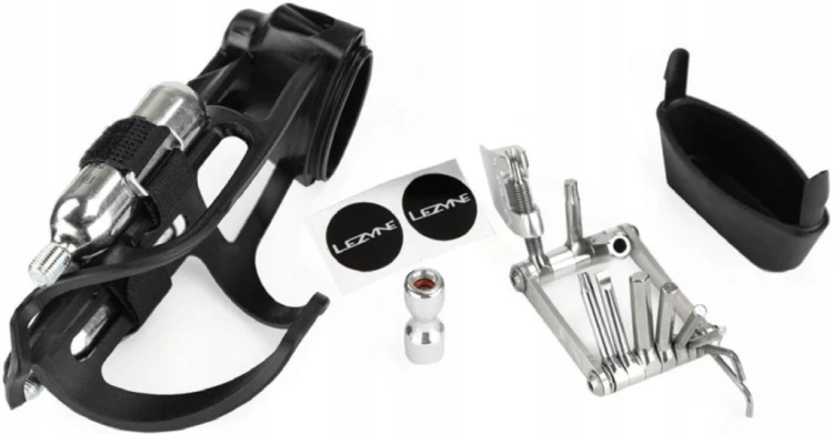Koszyk na bidon Lezyne TUBELESS FLOW STORAGE CAGE czarny zestaw